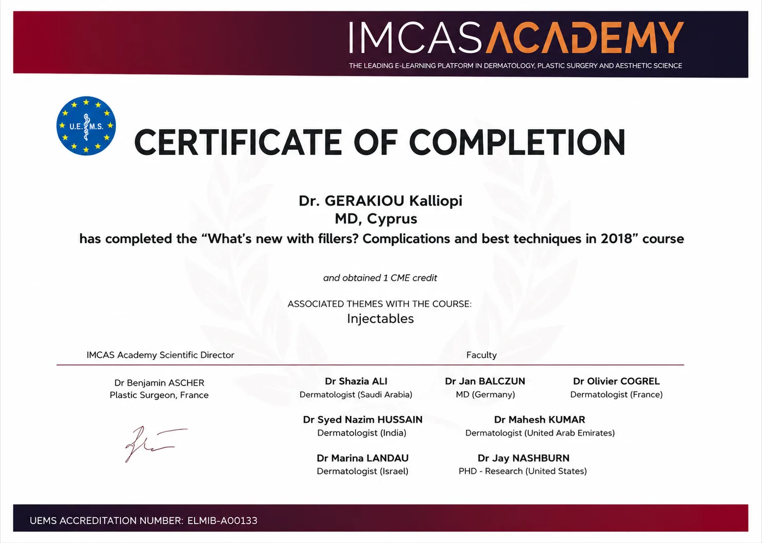 Dr. Kalliopi Gerakiou's original IMCAS certification in fillers