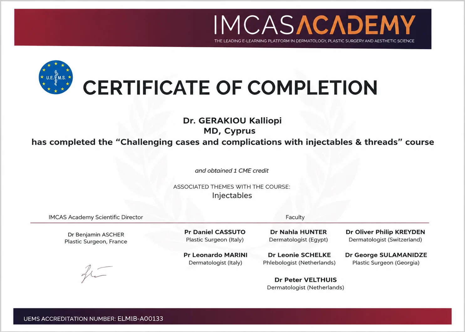 Dr. Kalliopi Gerakiou's original IMCAS certification in injectables and threads