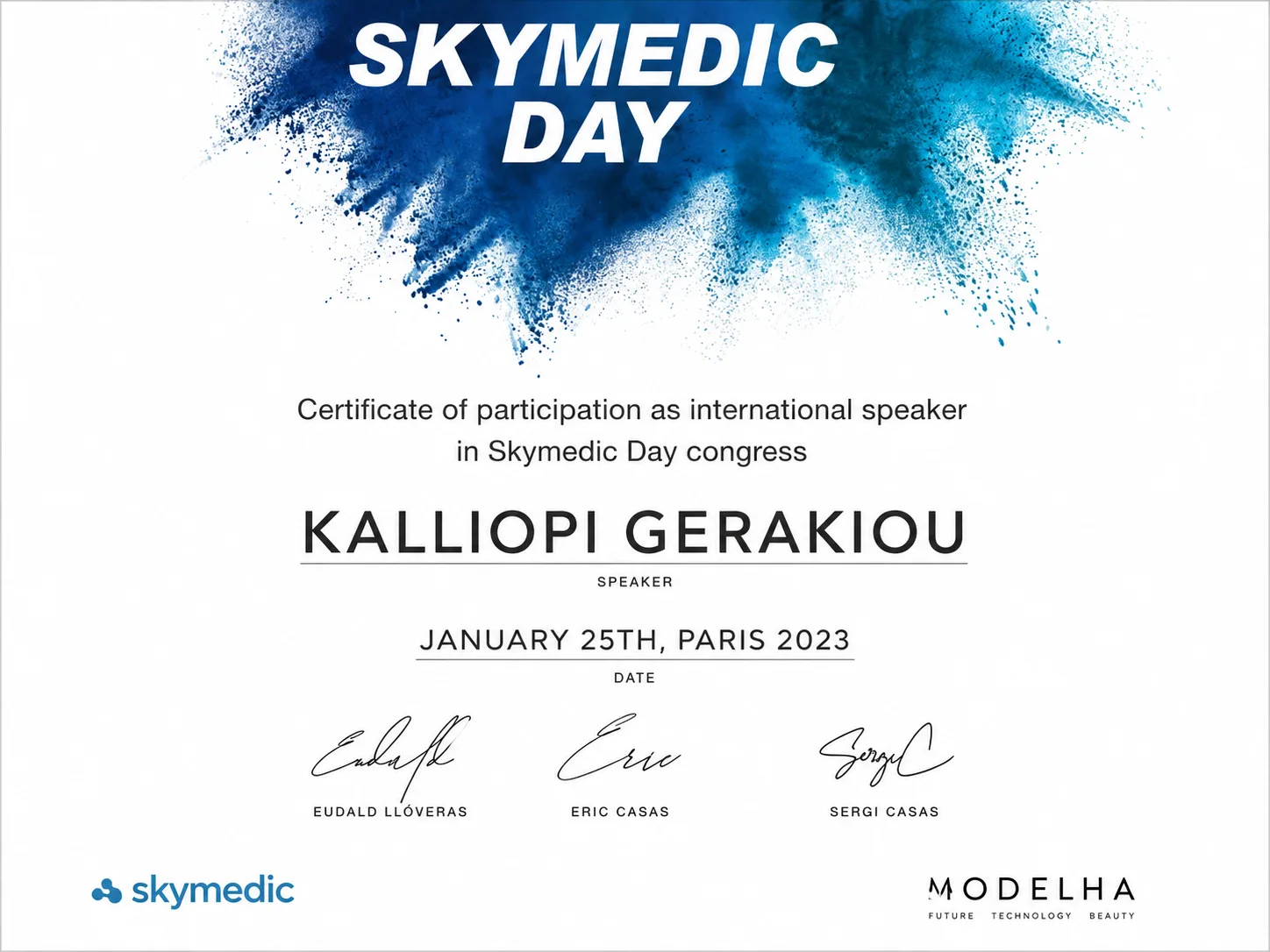 Dr. Kalliopi Gerakiou's original Skymedic Day Paris speaker certificate