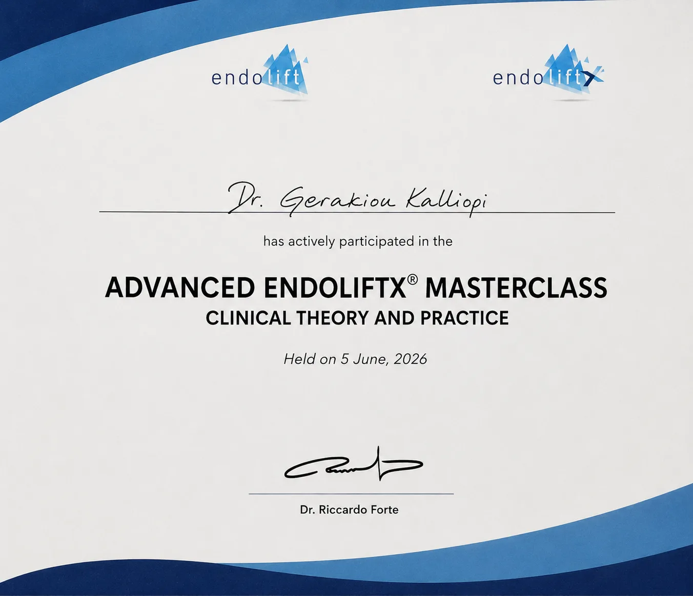 Advanced Endolift Masterclass certificate awarded to Dr. Kalliopi Gerakiou